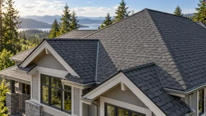 Architectural shingle roof on a home surrounded by evergreen trees