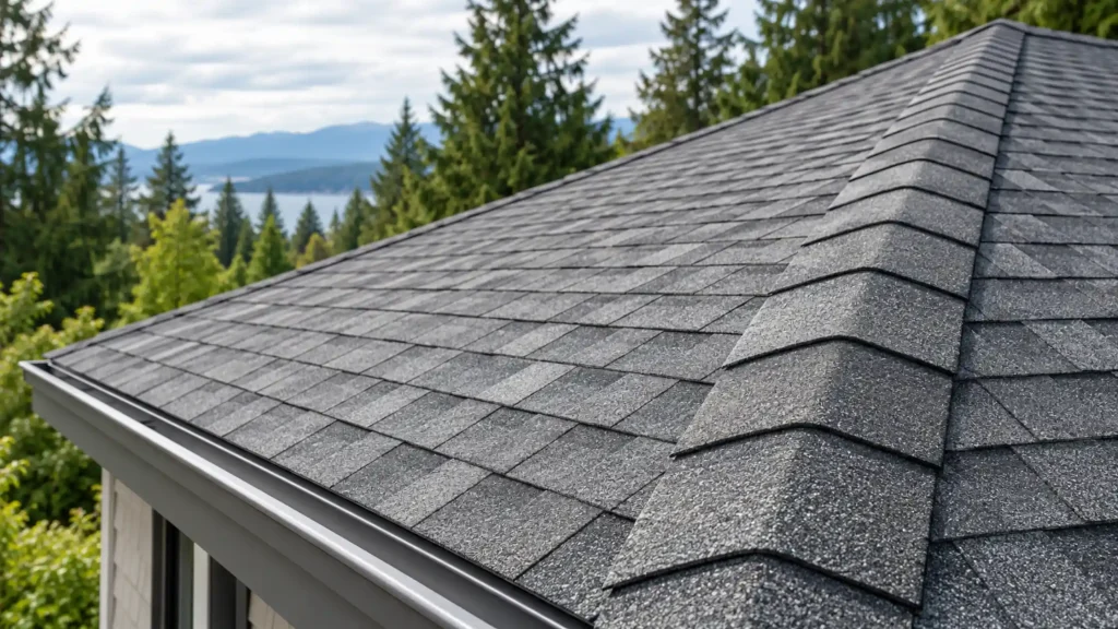 Close view of asphalt roof shingles, hip ridge caps, and gutter